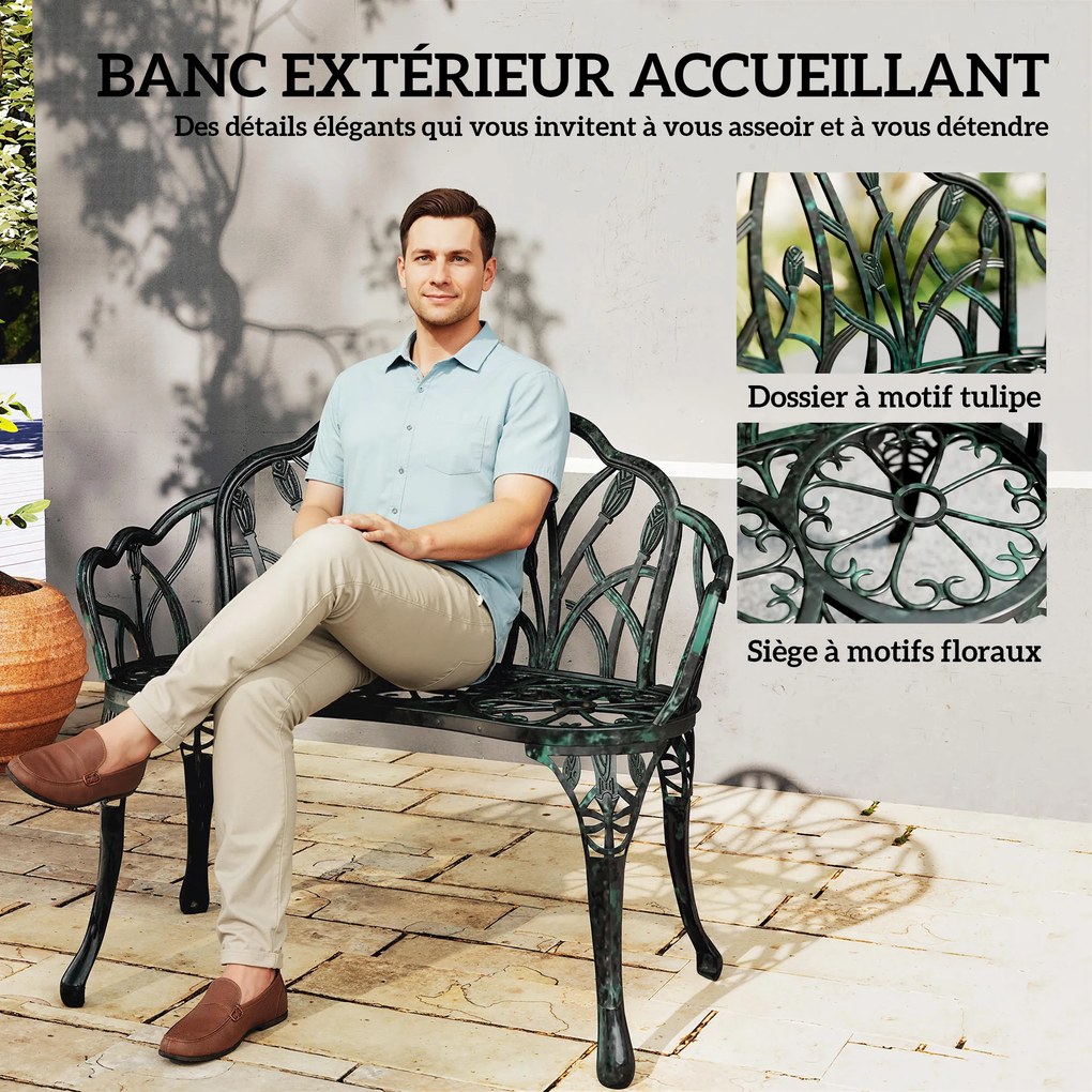 Banco de jardim em alumínio fundido 99 x 57 x 78 cm, banco de exterior de 2 lugares com encosto em forma de tulipa e assento floral, verde antigo