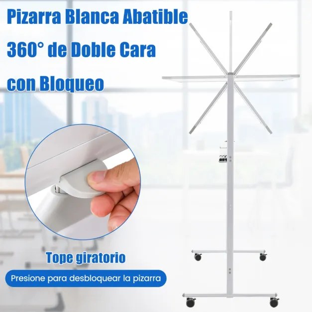Quadro branco magnético dupla face com suporte de rotação 360° para escola, casa e mesa 56 x 128 x 145-173 cm branco