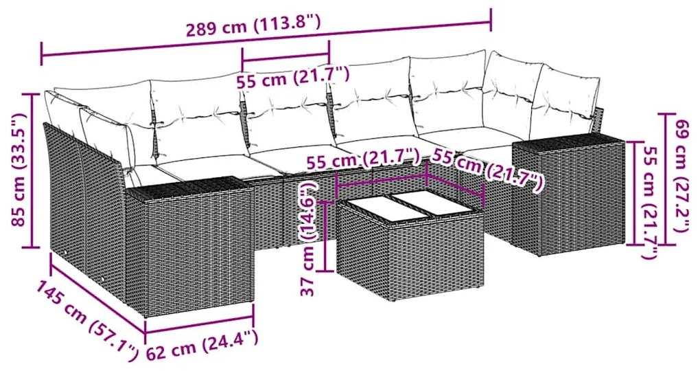 8 pcs conj. sofás jardim c/ almofadões vime PE cinzento-claro