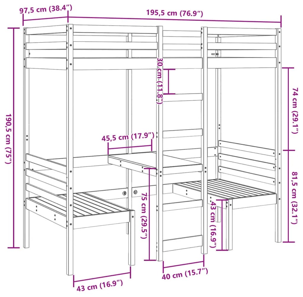 Cama alta com secretária e cadeiras 90x190 cm pinho maciço