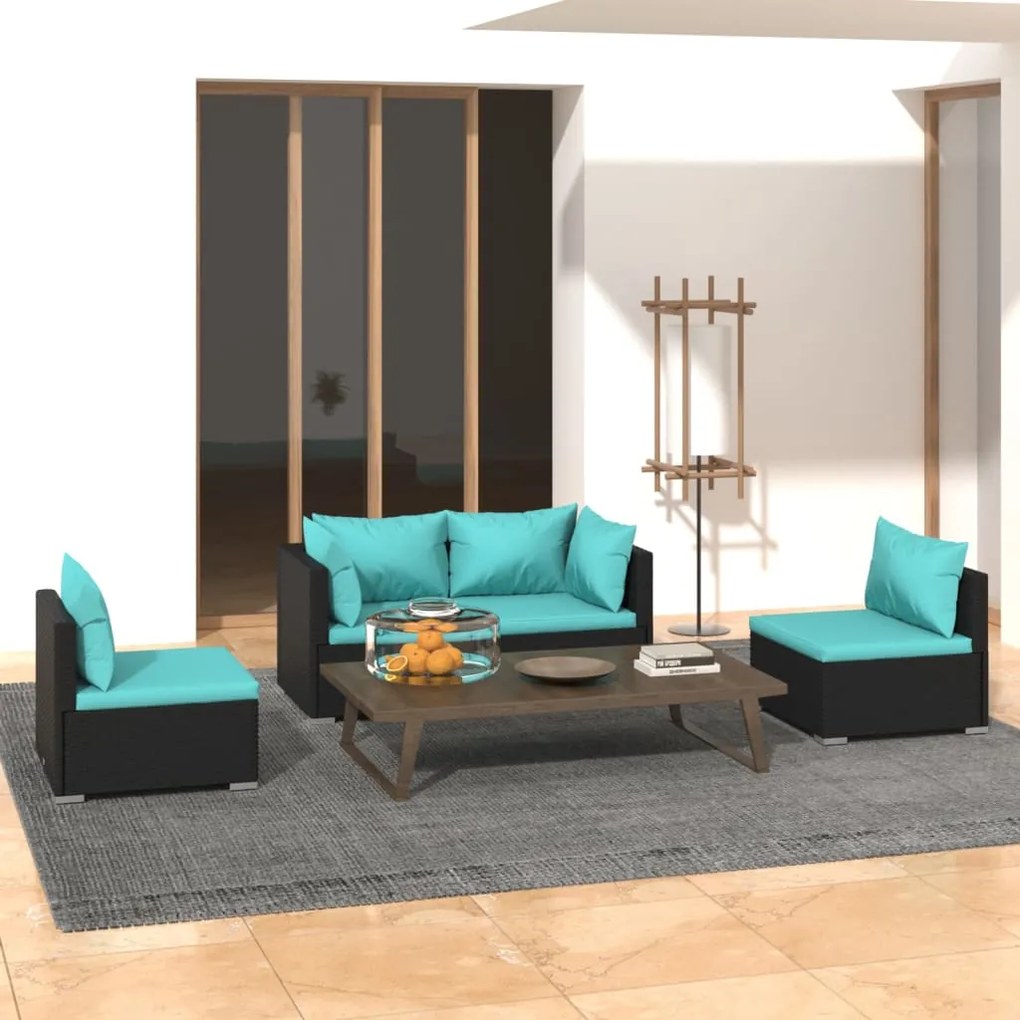 vidaXL 4 pcs conjunto lounge de jardim c/ almofadões vime PE preto