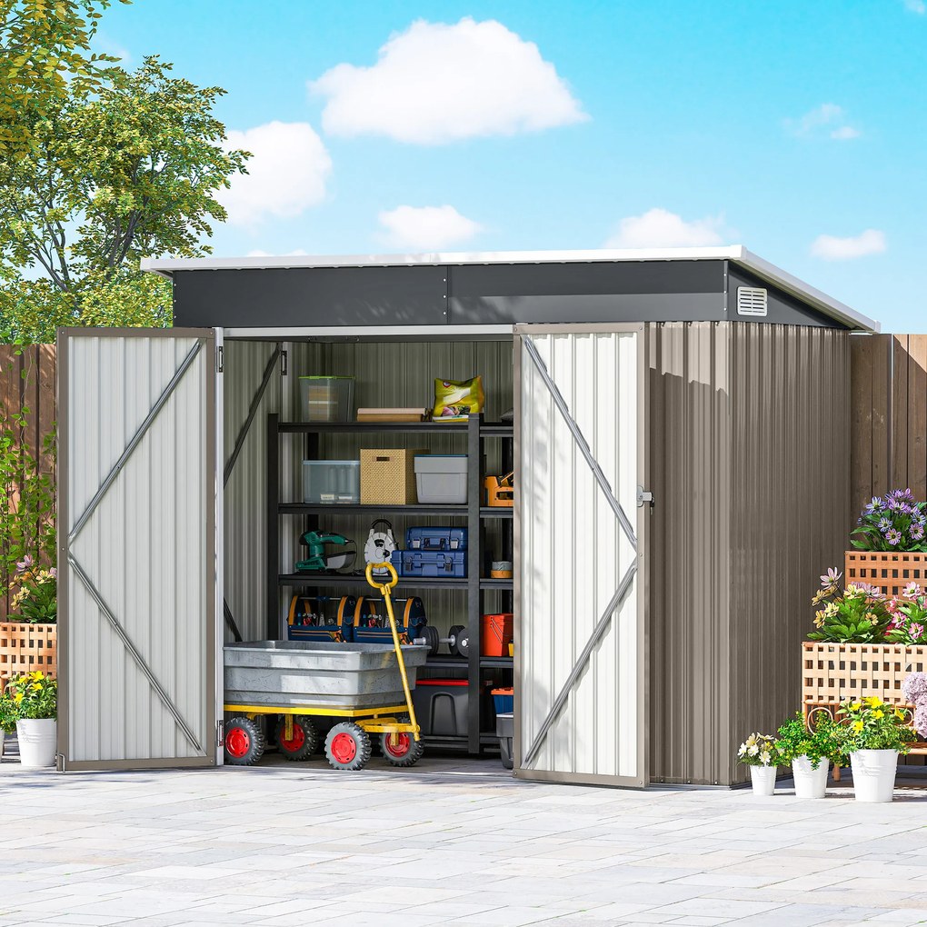 Abrigo de jardim em metal 234 x 132 x 185 cm, com três portas com fechadura, telhado inclinado e aberturas de ventilação, cinzenta