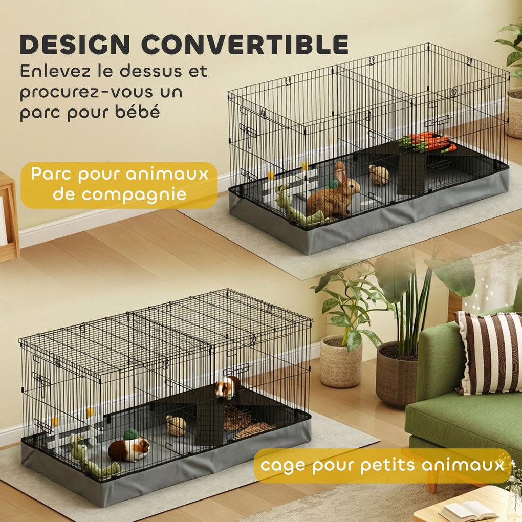 Gaiola 2 em 1 para pequenos animais 121 x 61 x 61 cm com tampa amovível, recinto para coelhos com 2 zonas separadas e rampa, em aço preto