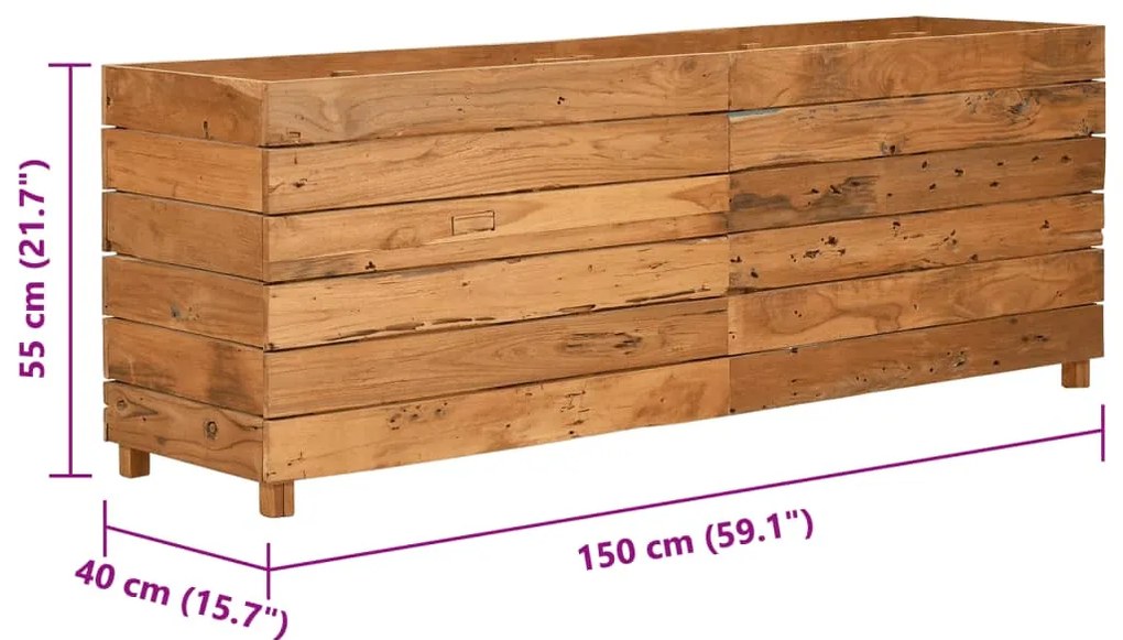 Vaso/floreira 150x40x55 cm madeira de teca reciclada e aço