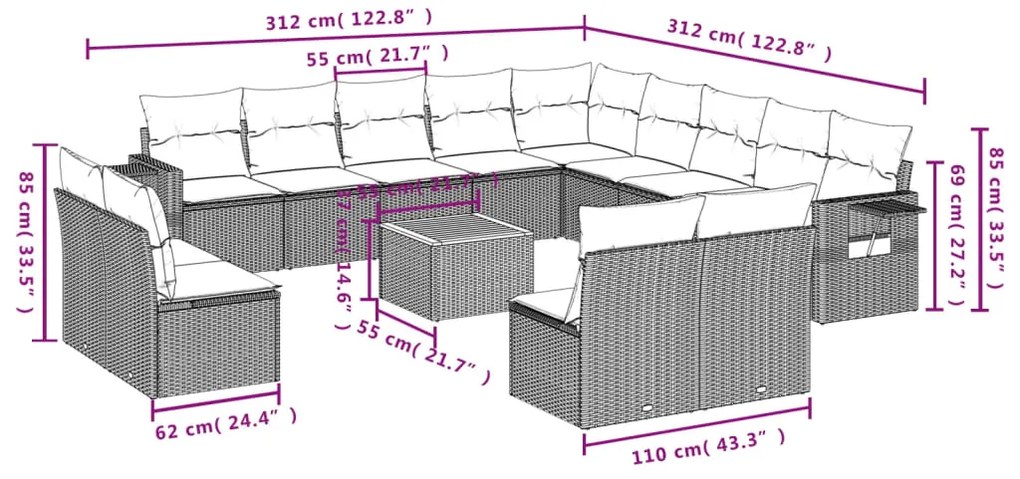 14 pcs conjunto de sofás p/ jardim c/ almofadões vime PE preto