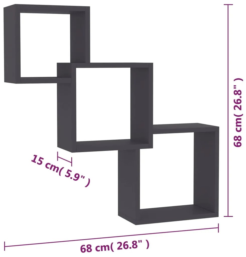 Prateleiras de parede cubos 68x15x68cm contraplacado cinzento