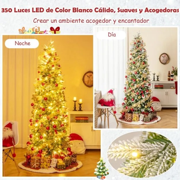 Árvore de Natal estreita pré-iluminada de 225 cm com 350 luzes LED Neve simulada 913 ramos articulados 75 pinhas Verde+Branco