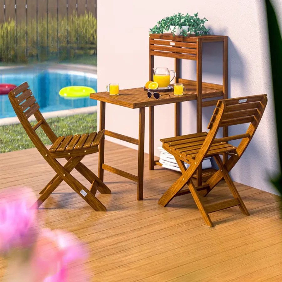 Conjunto de Jardim em madeira de acácia 3 pcs. Conjunto dobrável compacto