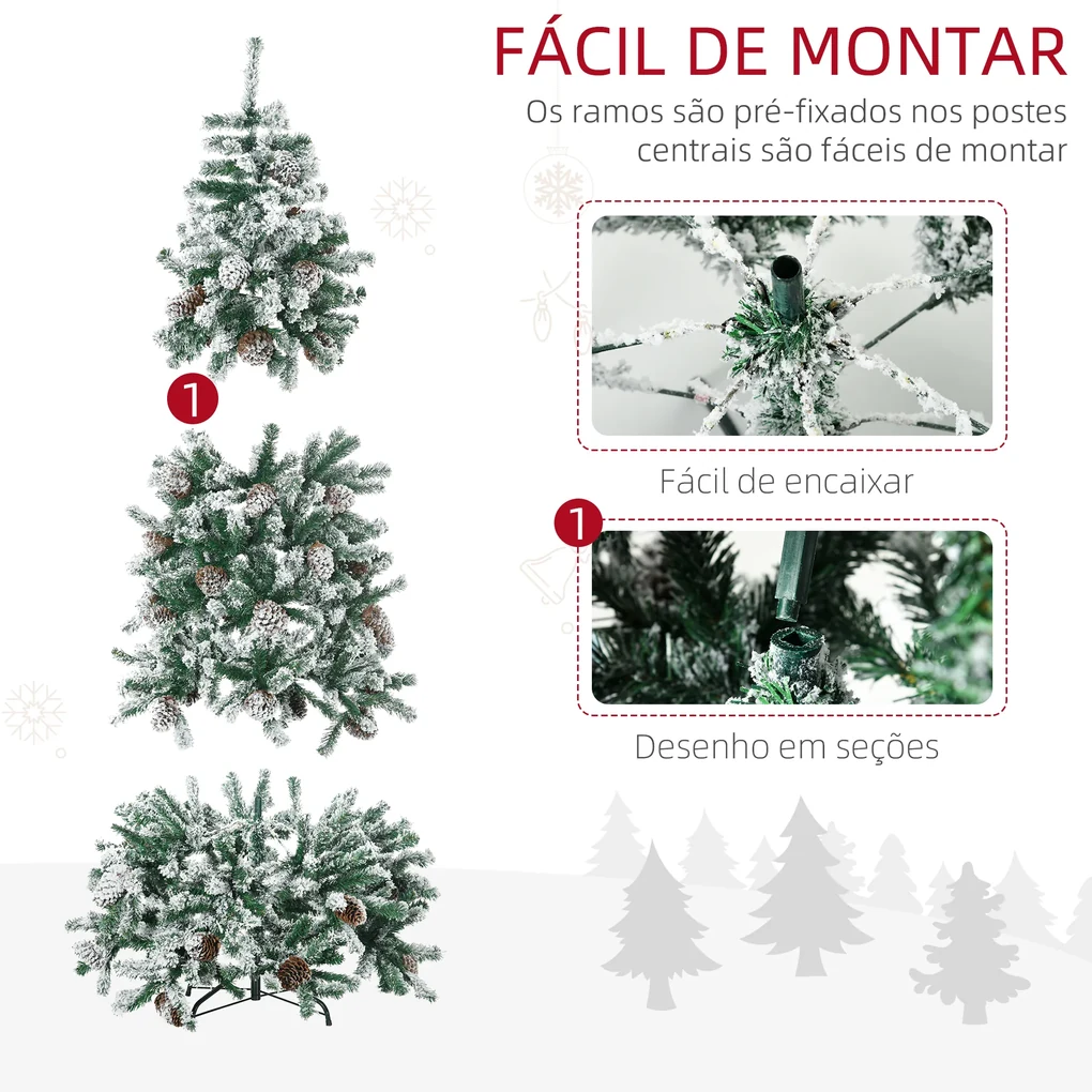 Árvore de Natal Artificial Altura 180 cm Árvore com Neve com 695 Ramos 57  Pinhas e Base de Aço Dobrável Ø104x180 cm Verde