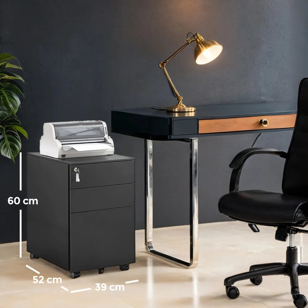 Bloco gavetas escritório com rodas com 3 gavetas 52 x 39 x 60 cm preto