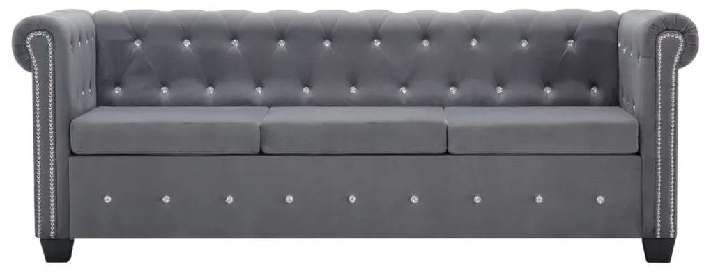 Sofá chesterfield três lugares veludo 199x75x72cm cinzento