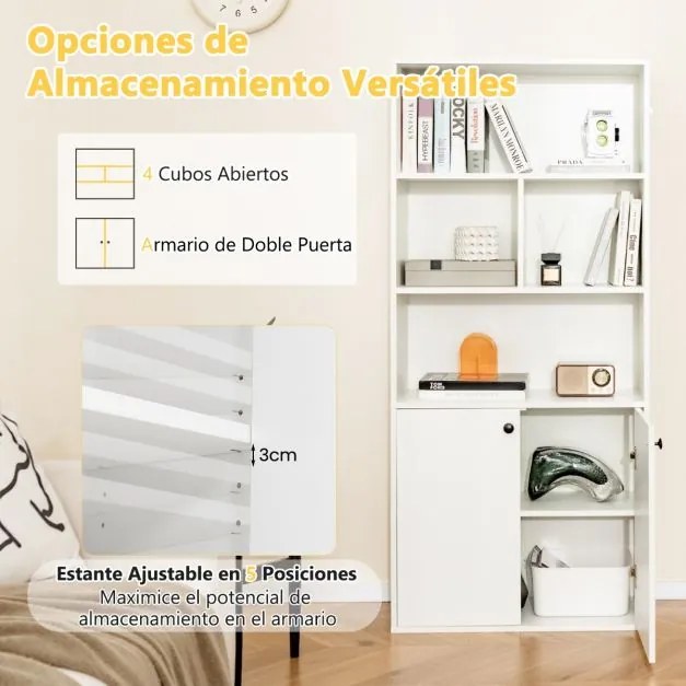 Estante de 5 níveis 70 x 29,5 x 155 cm com portas duplas, cubos abertos e prateleira ajustável 155 cm para sala, quarto, escritório Branco