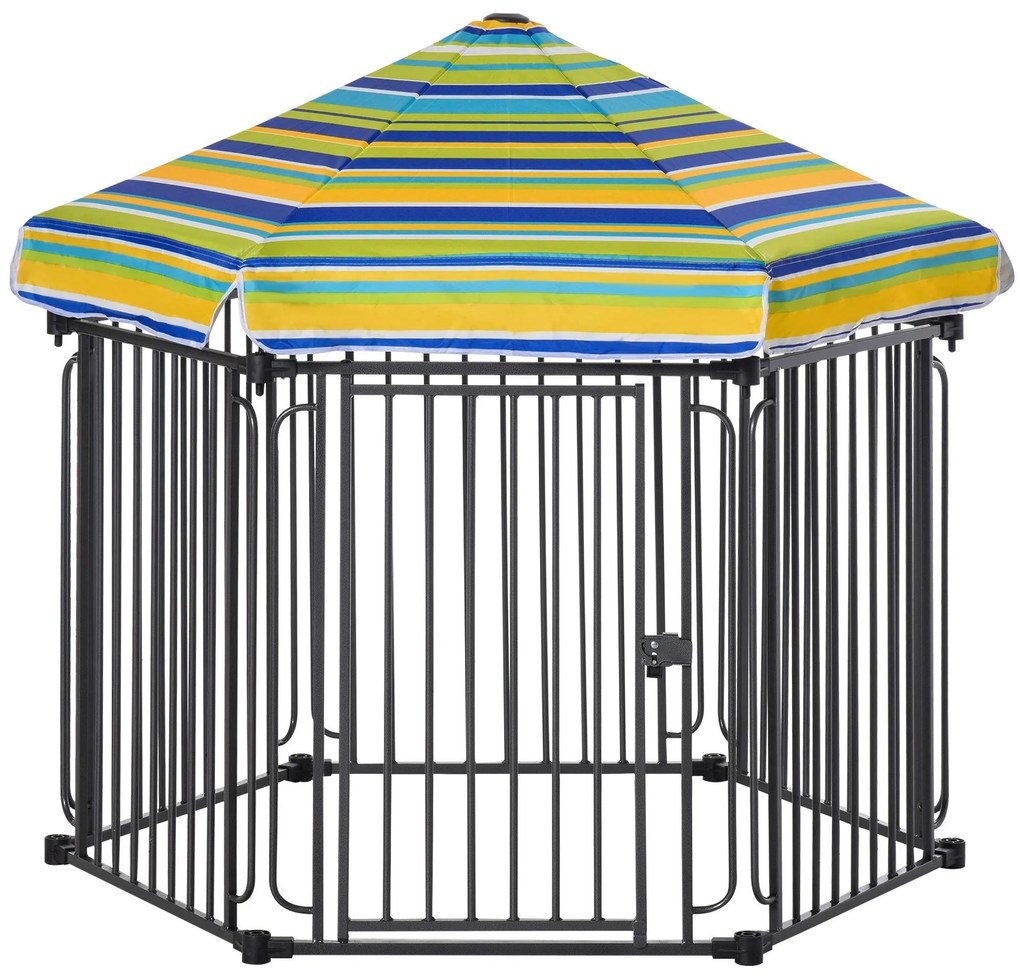 PawHut Parque para Animais de Estimação com 6 Barreiras de Metal 61x76cm Canil Desmontável para Cães com Teto Hexagonal e Porta com Fechadura de Segurança 122x105x119cm Preto e Colorido
