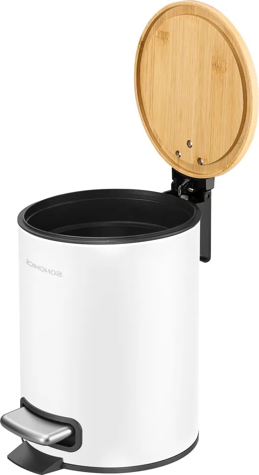 Caixote do lixo para casa de banho de 3 litros, com tampa de bambu, com pedal Branco