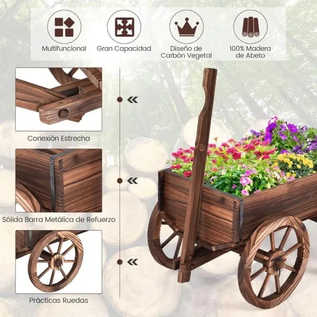 Carrinho floreira de madeira 75 x 43 x 53,5 cm para exteriores decorativo para jardim para plantas com 4 rodas e alça Castanho