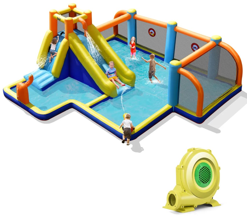 Castelo, Parque aquático insuflável com compressor 680 W infantil com tema futebol Piscina Parede para escalar 465 x 500 x 200 cm Multicolorido