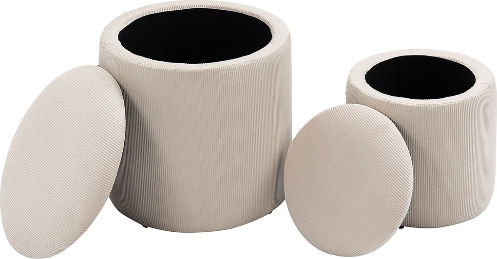Conjunto de 2 pufes/bancos/apoios para os pés com baú de arrumação em tecido com aspeto de veludo canelado, Ø40 cm e Ø30 cm, creme
