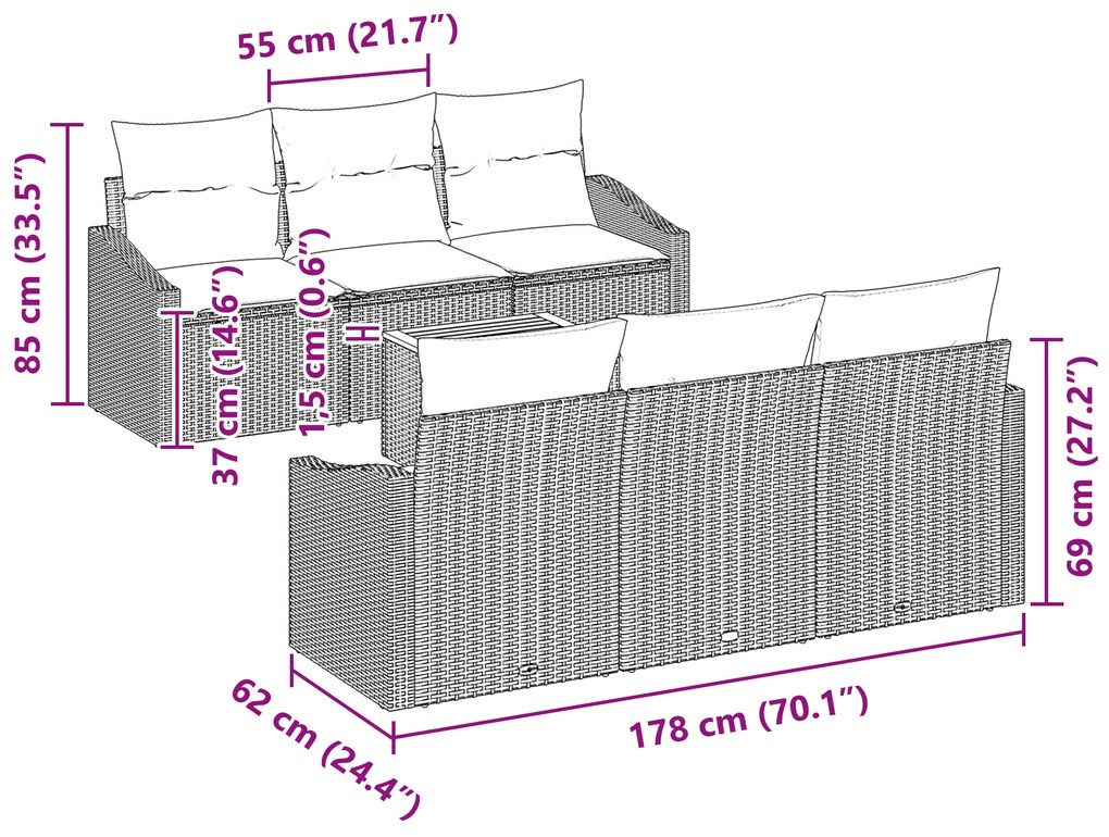 Conjunto de Sofá de Jardim de 7 Peças com Almofadas Cinza Rattan Acáci