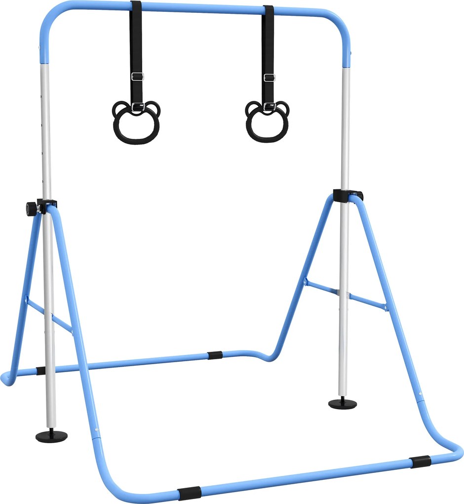 HOMCOM Barra de Ginástica para Crianças com Altura Ajustável em 5 Níveis Anéis e Dobrável 148x105x88-128 cm Azul | Aosom Portugal