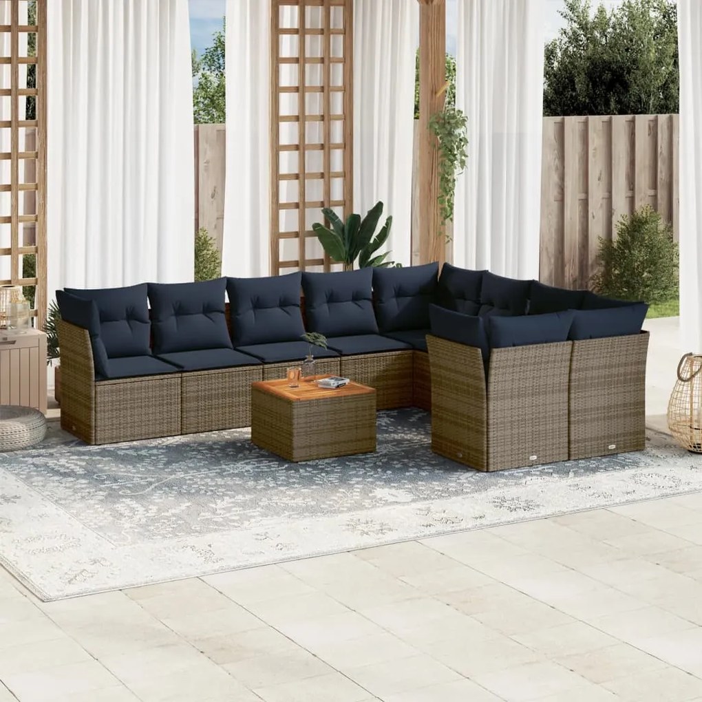vidaXL 10 pcs conjunto sofás p/ jardim c/ almofadões vime PE cinzento