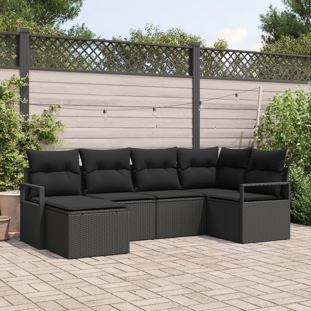 Conjunto de Sofás de Jardim vidaXL 6 Peças com Almofadas Preto Rattan