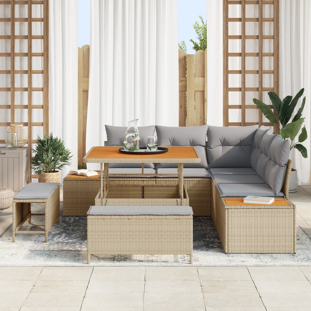 Conjunto de Sofá de Jardim de 8 Peças com Almofadas Bege de Vime Acáci