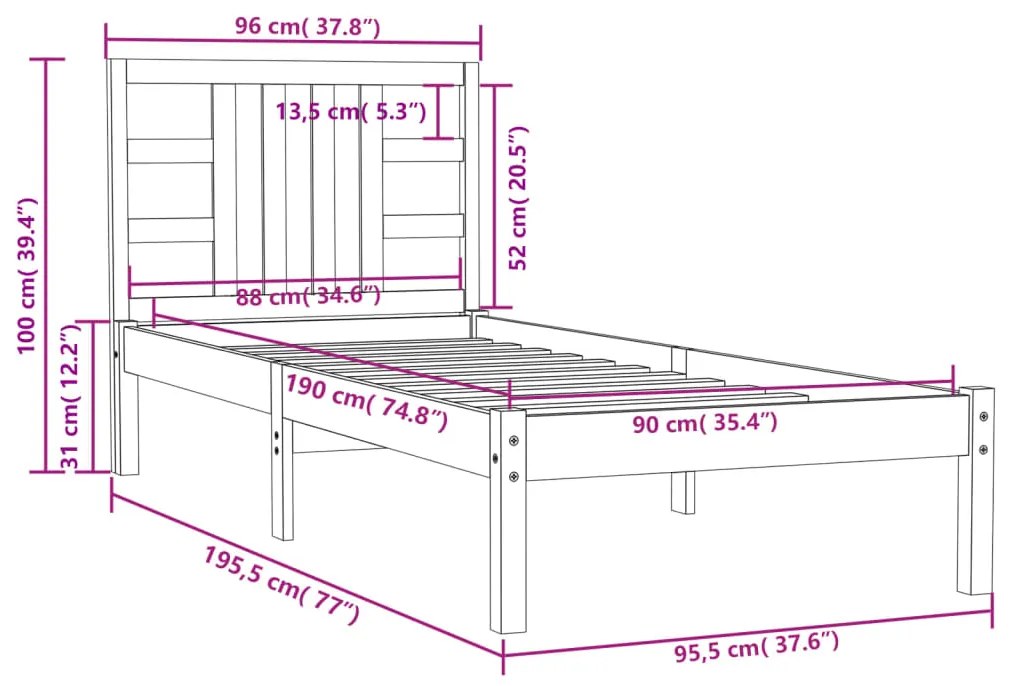 Estrutura de cama solteiro 90x190 cm madeira maciça