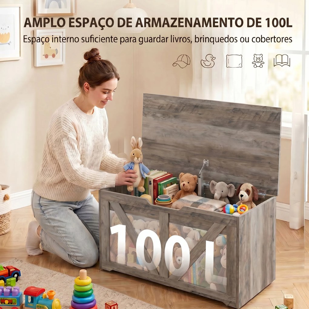 Baú de Arrumação 100 L com Dobradiça de Segurança e Recorte em U para Entrada e Sala 80x40x45 cm Cinzento