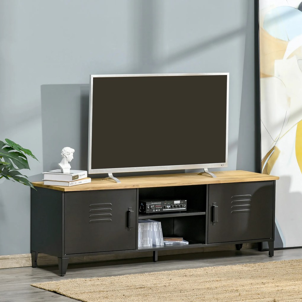Móvel de TV 150 x 40 x 50 cm para televisores de 55'' com 2 armários, pés ajustáveis, preto e tampo em cor natural