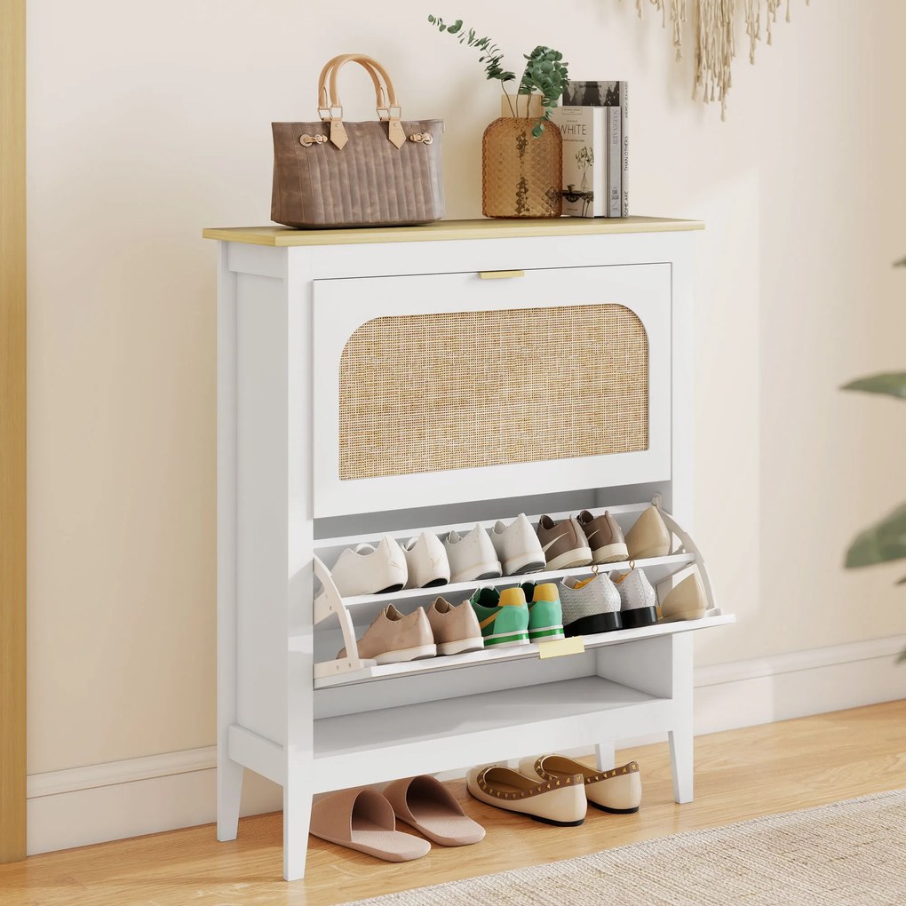 Sapateira Estreita com 2 Portas em Vime e Prateleiras Ajustáveis para 14 Pares de Sapatos 105x24x95,5 cm Branco