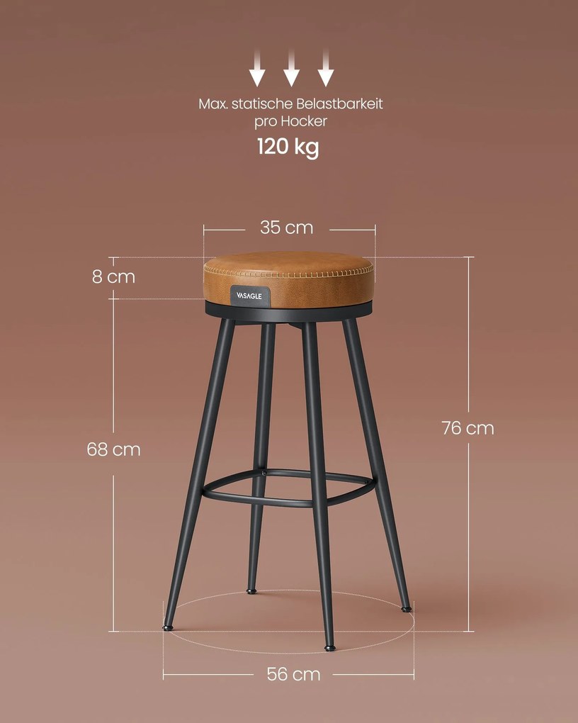 Conjunto de 2 bancos de bar com 76 cm de altura em castanho caramelo