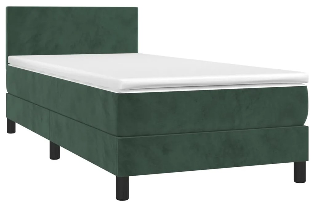 Cama box spring c/ colchão/LED 90x190 cm veludo verde-escuro