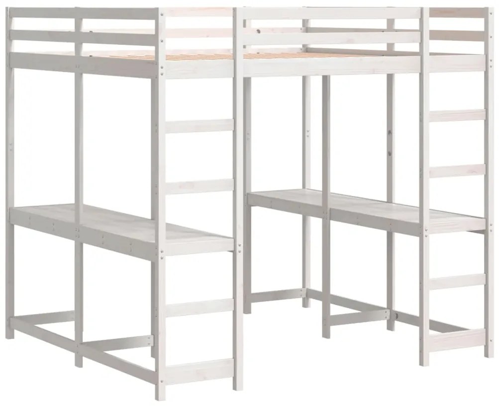 Cama alta c/ secretária e escada 140x200 cm pinho maciço branco