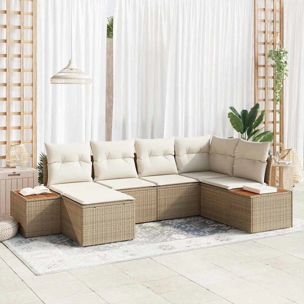 vidaXL Conjunto de Sofá de Jardim com Almofadas 6 Peças Bege de Polyrattan e Acácia