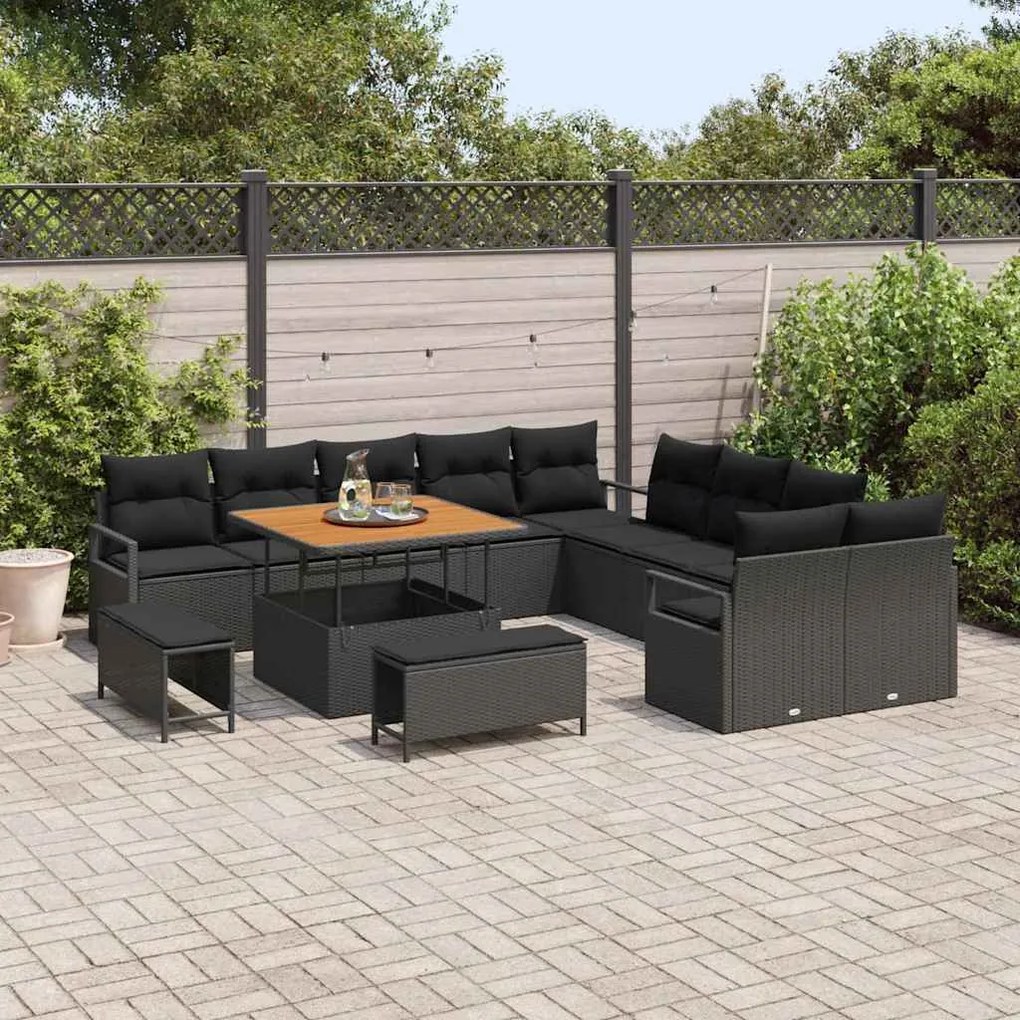 Conjunto de Sofá de Jardim de 13 Peças com Almofadas Preto em Rattan P