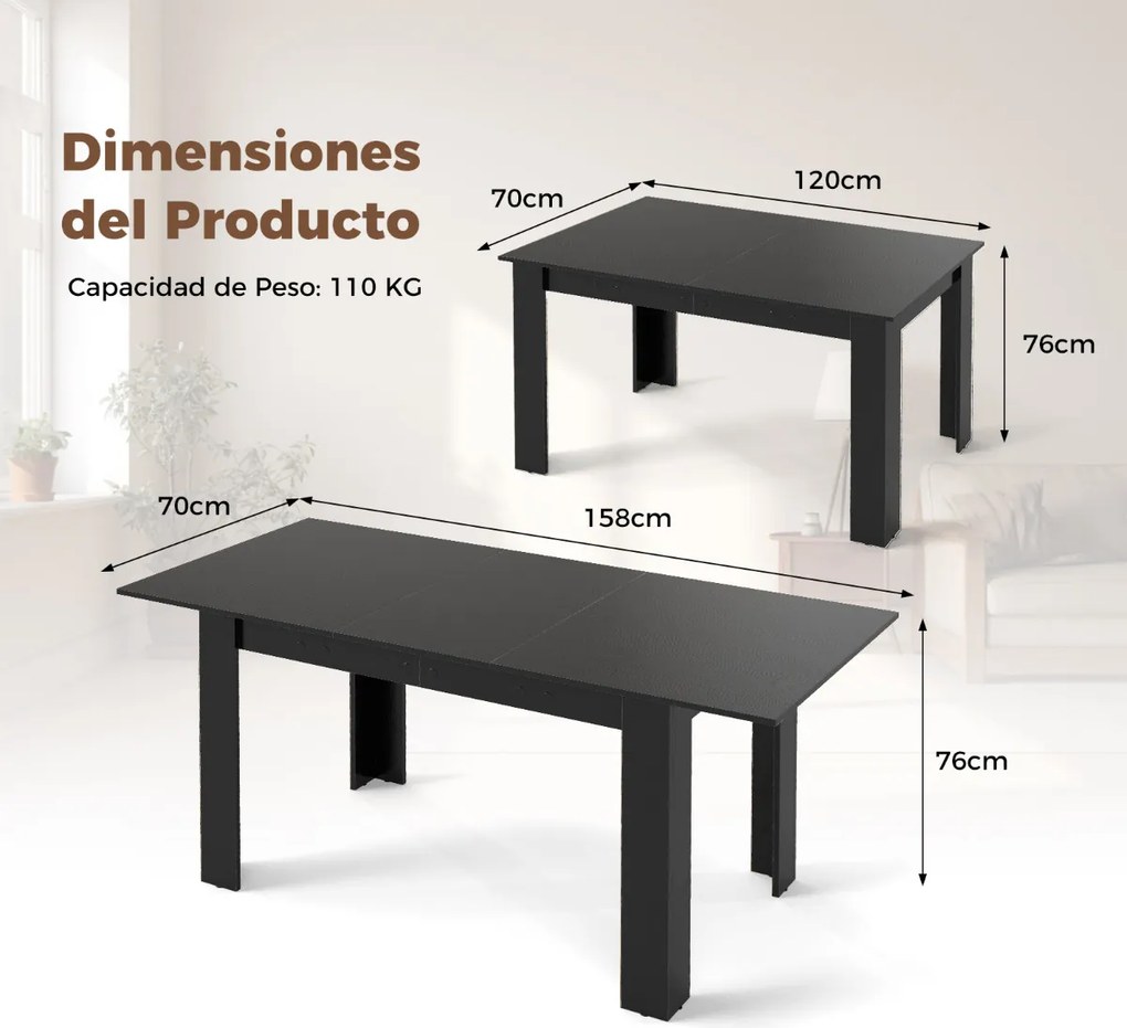 Mesa de jantar extensível Mesa de cozinha moderna com tampo ajustável Pernas em forma de L 110 KG Carga 158 x 70 x 76 cm Preto