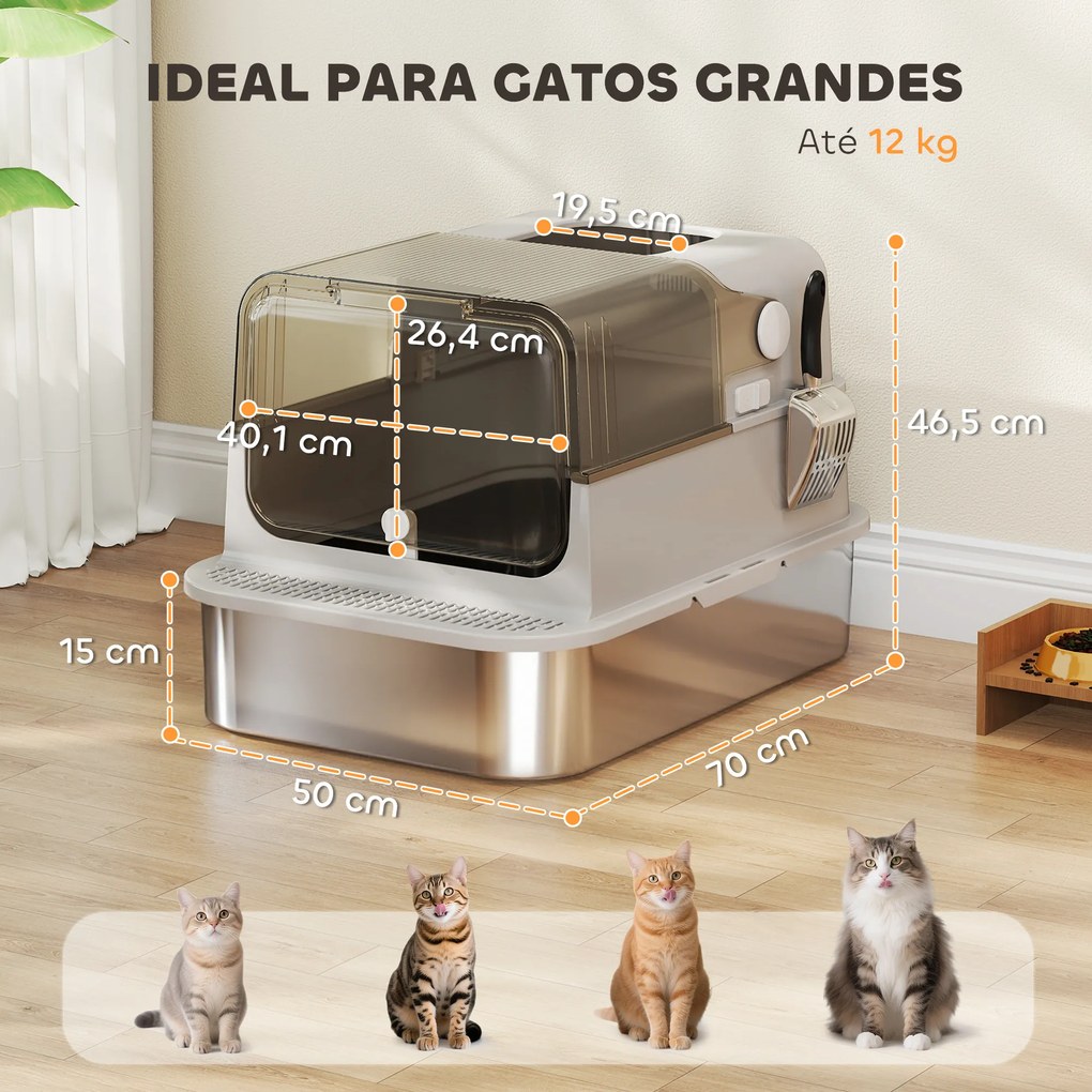 Caixa de Areia para Gatos em Aço Inoxidável para Gatos Grandes com Tampa Basculante Laterais Altas 70x50x46,5 cm Cinzento