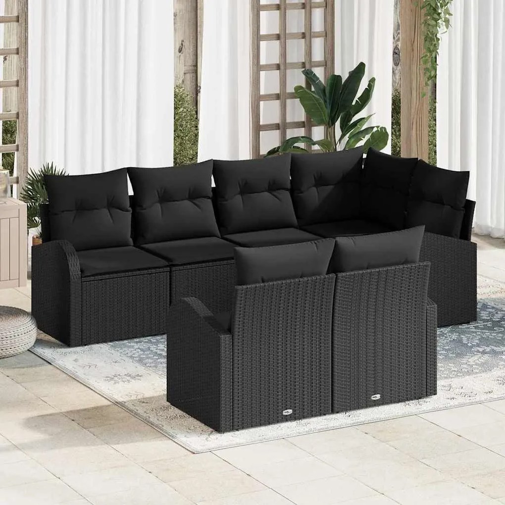 Conjunto de Sofá de Jardim 7 Peças com Almofadas Pretas de Rattan em P