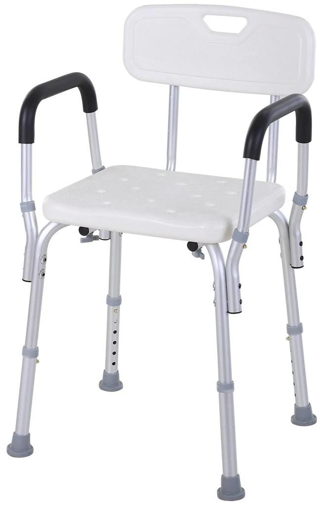 HOMCOM Cadeira Duche Antiderrapante Altura Ajustável 6 Níveis Apoio Braços Encosto Branco 51,5x51,5x71-84 cm Segurança Banho | Aosom Portugal