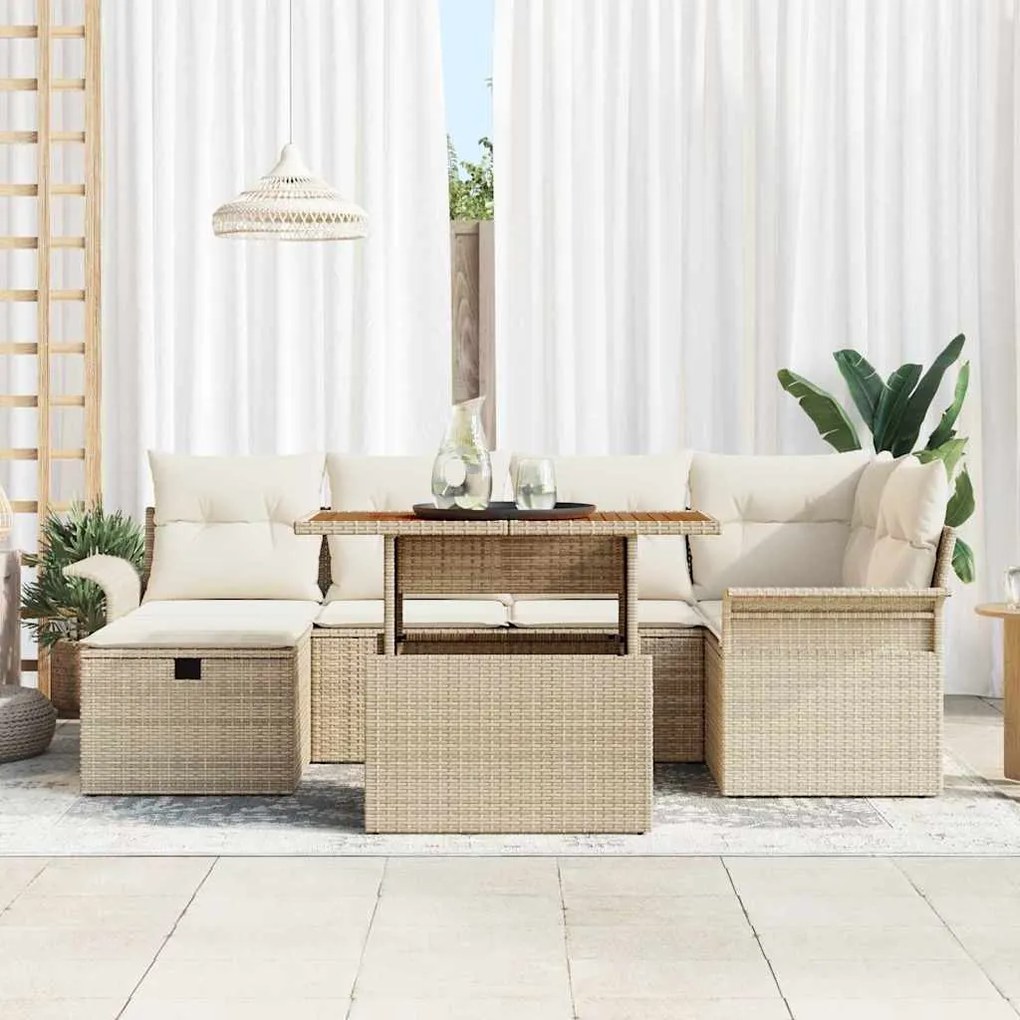 Conjunto de Sofá de Jardim de 7 Peças com Almofadas Beiges em Rattan S