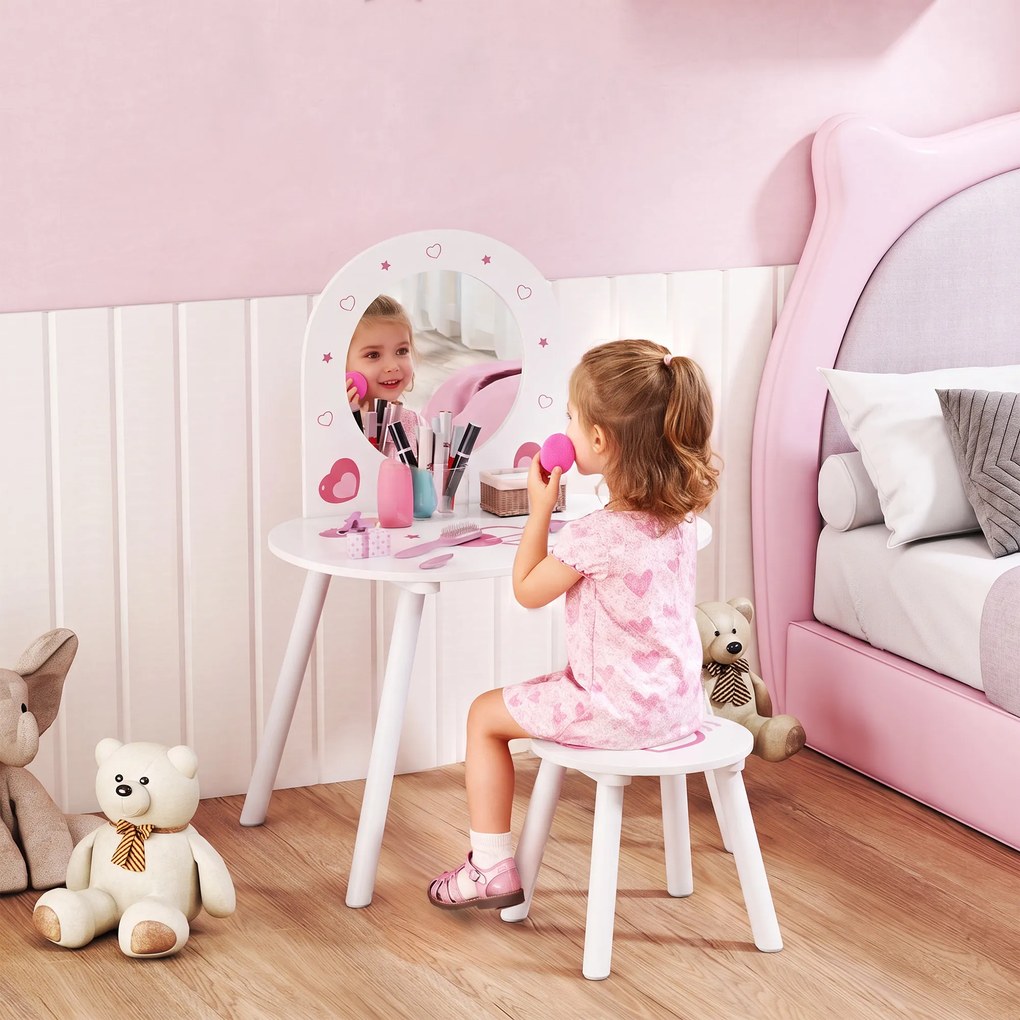 Toucador Infantil com Banco e Espelho para Meninas com Desenhos de Corações para Crianças de 3-6 Anos Branca
