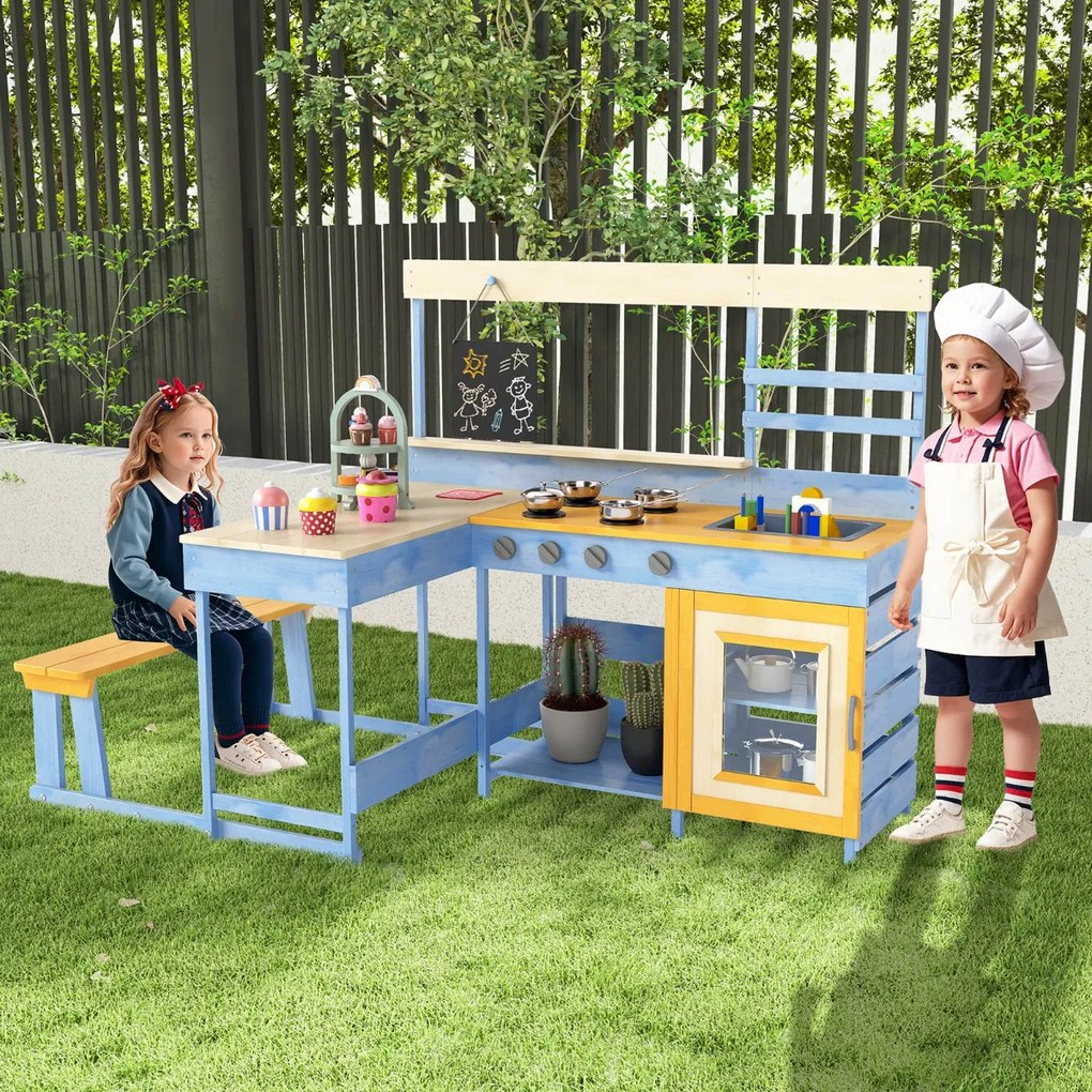 Cozinha de brincar com mesa de piquenique para crianças de madeira de abeto com banco Quadro negro Acessórios Utensílios Azul