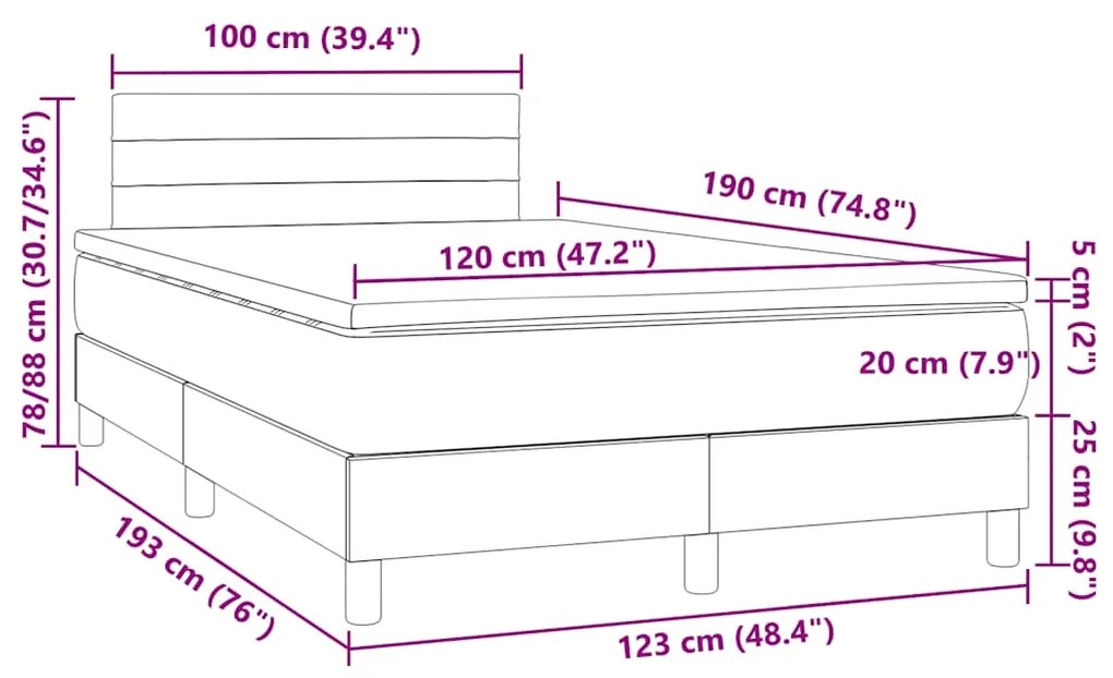 Cama box spring c/ colchão e LED 120x190 cm tecido cinza-claro