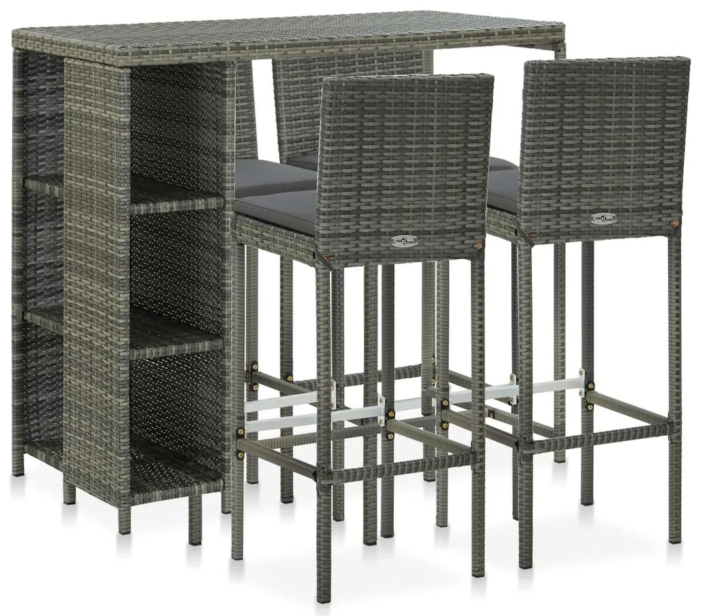 5 pcs conjunto de bar p/ jardim c/ almofadões vime PE cinzento
