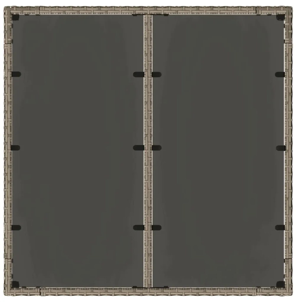 Mesa de jardim com tampo de vidro 90x90x75 cm vime PE cinzento