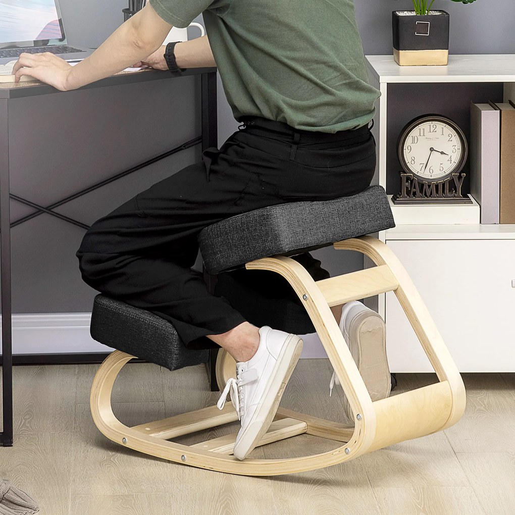 Cadeira Ergonómica para Joelhos com Almofadas e Estrutura em Madeira, Preto