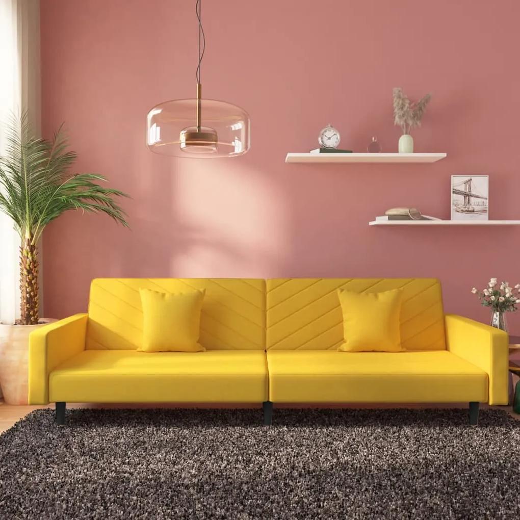 Sofá-cama 2 lugares com duas almofadas veludo amarelo