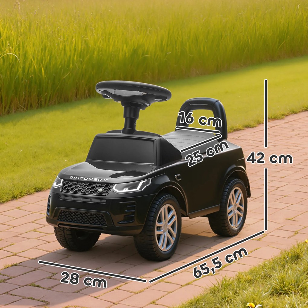 Andarilho para crianças com licença da Land Rover, veículo para empurrar, buzina, sons de motor, espaço de arrumação debaixo do assento, preto
