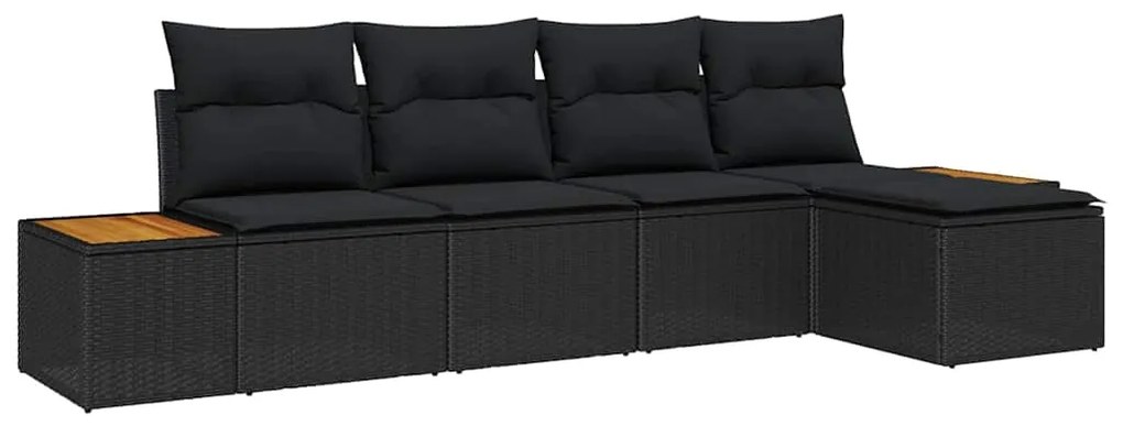 Conjunto de Sofá de Jardim de 5 Peças com Almofadas Pretas em Rattan d