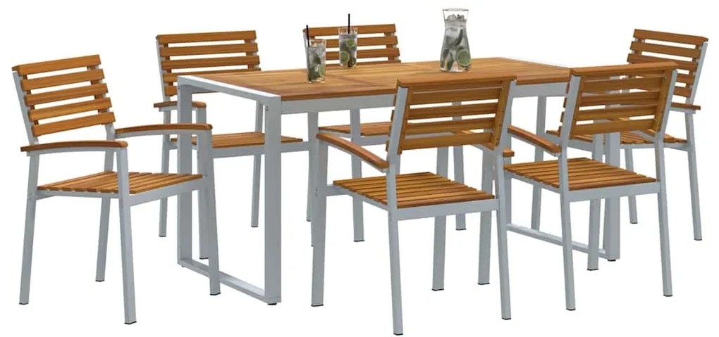 Conjunto de Jantar de Jardim 7 Peças Madeira Sólida de Acácia e Metal